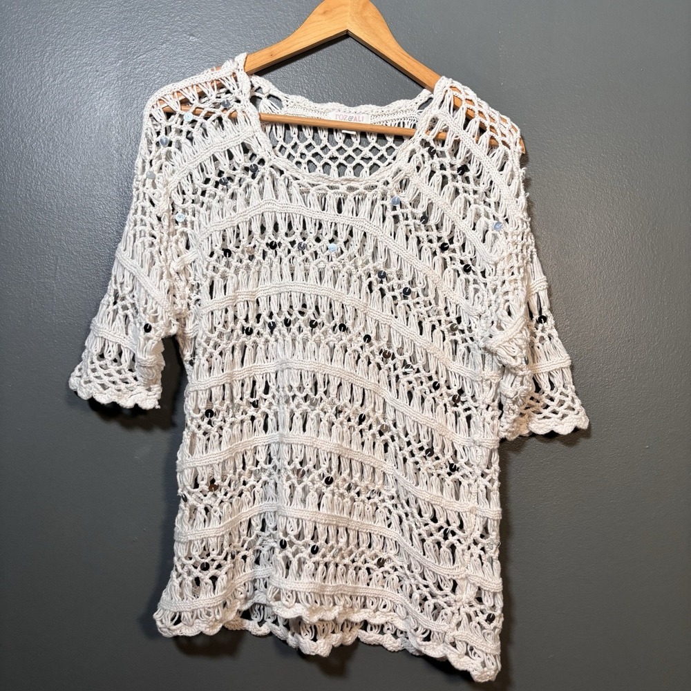 White Crochet Open Knit Top Womens 1X Sequin Boho Resort Layering Coastal Beach